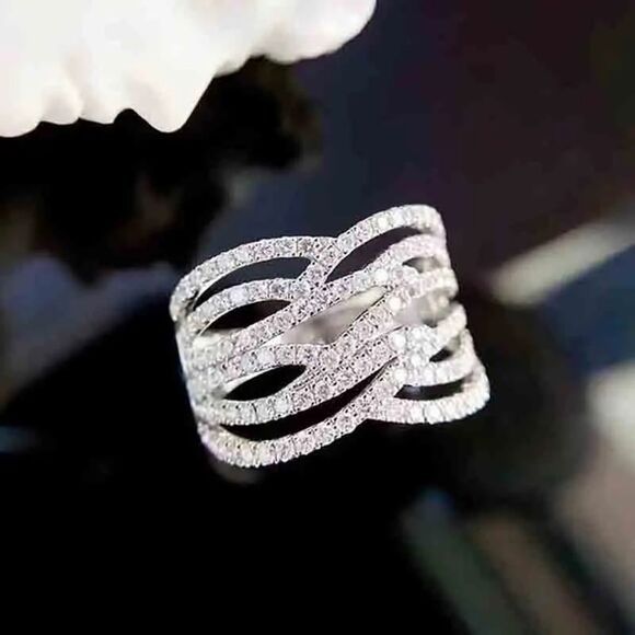 Rhodium-Plated Cubic Zirconia Criss-Cross Wide Band Cocktail Ring - Picture 3 of 11